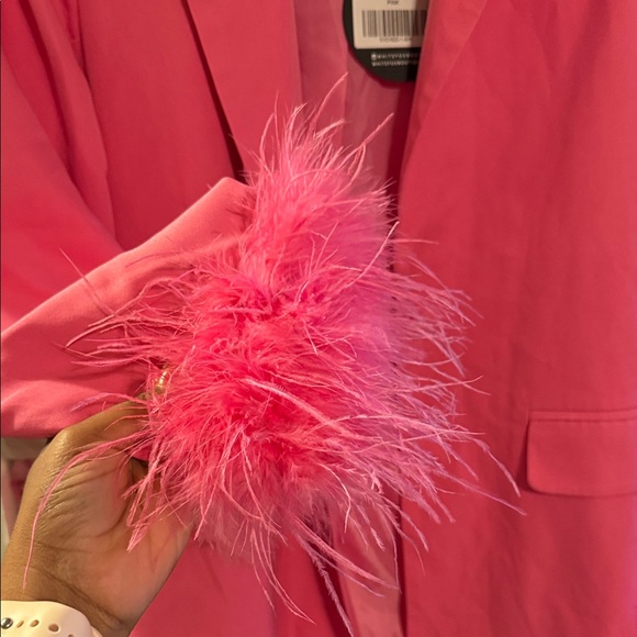 White Fox Vibrant Pink Blazer with Feather Cuffs - Picture 4 of 4